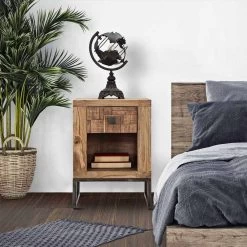 Mesita De Noche De Diseño Con Cajón En Madera De Acacia Y Hierro - Dionne -Tienda De Decoración comodino di design con cassetto in legno di acacia e ferro dionne 4