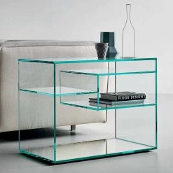 Mesa De Centro O Mesita De Noche Para Sofá En Base De Espejo De Vidrio Extraclaro - Linzy -Tienda De Decoración tavolino lato divano o comodino in vetro extrachiaro base a specchio linzy 2